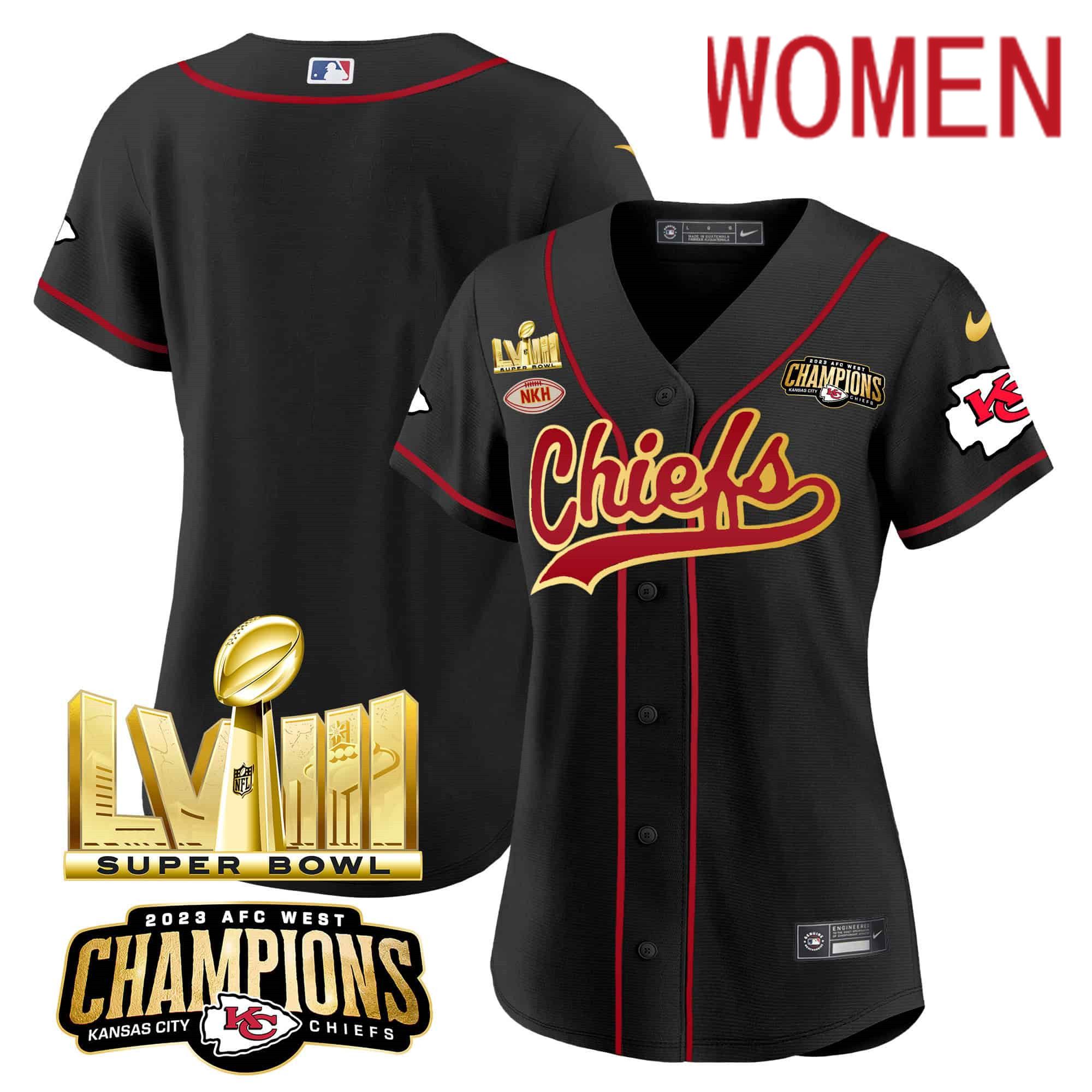Women Kansas City Chiefs Blank Black 2024 Nike Super Bowl LVIII Back-2-Back Gold Patch Baseball NFL Jersey->women nfl jersey->Women Jersey